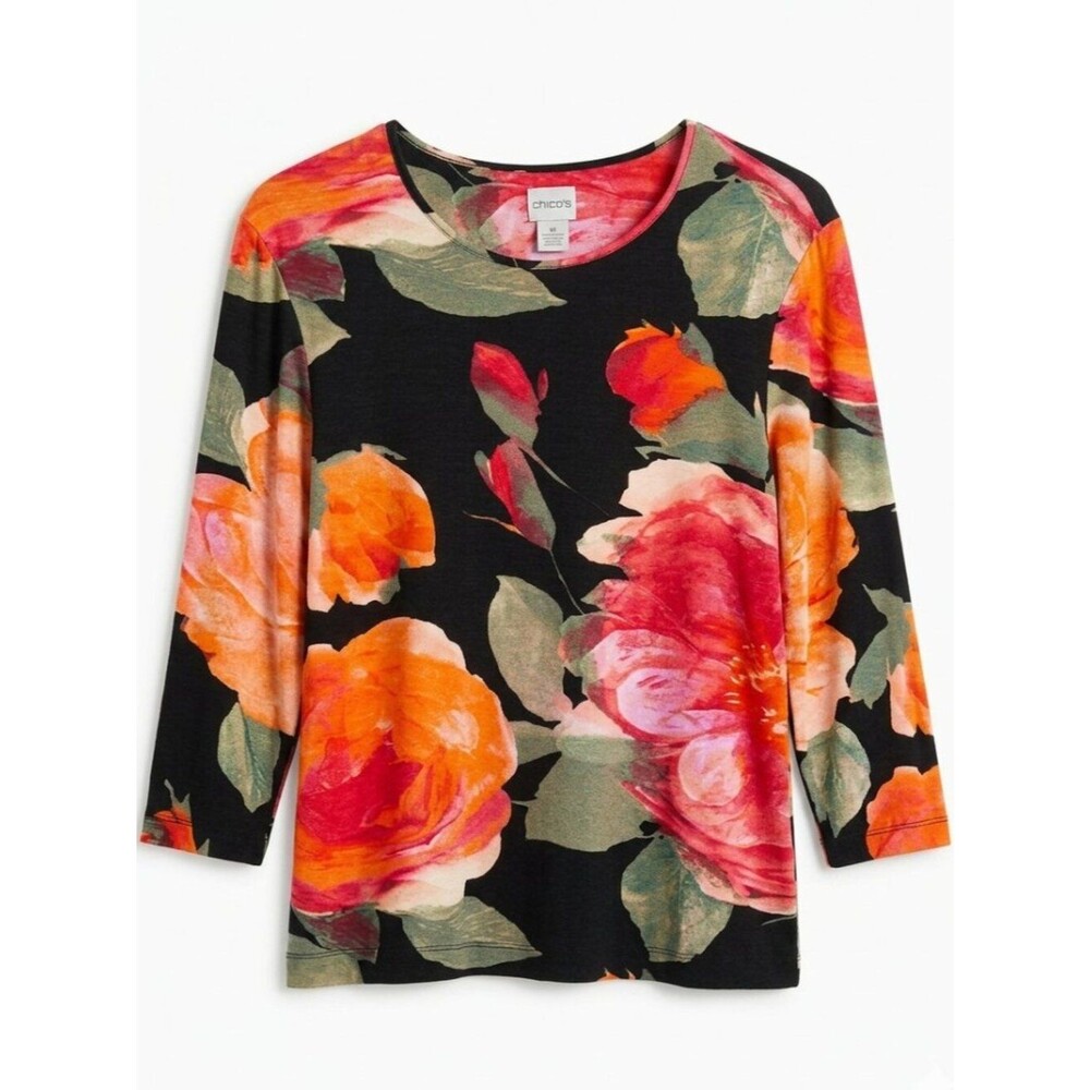 Chico’s Vibrant Floral 3/4 Sleeve Blouse - Art to Wear Chico's Sz 2 (12)